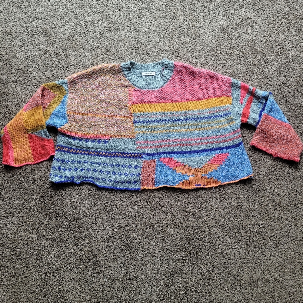 Moon & Madison Womens Cropped Sweater L Baja Multicolor Block Wool Blend Boho